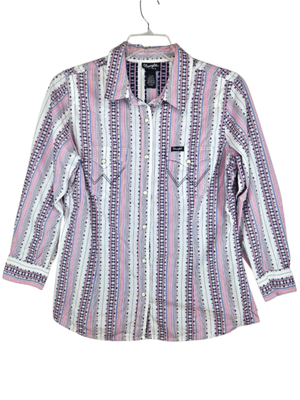 Wrangler Retro Western Pearl Snap Shirt Women L Pink Aztec Stripe Cotton Top